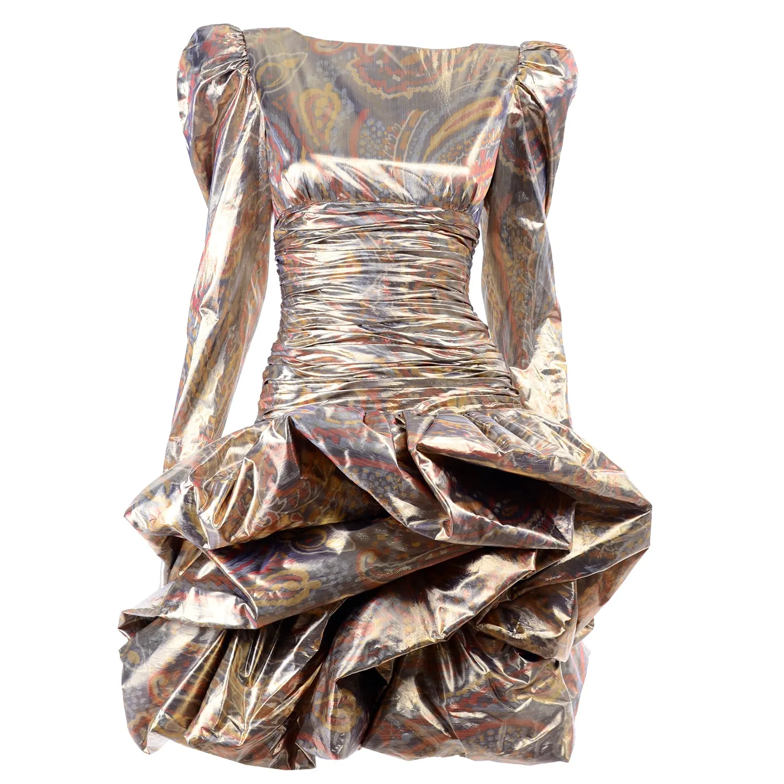 1980s Metallic Gold Silver & Copper Lame Vintage Pouf Dress