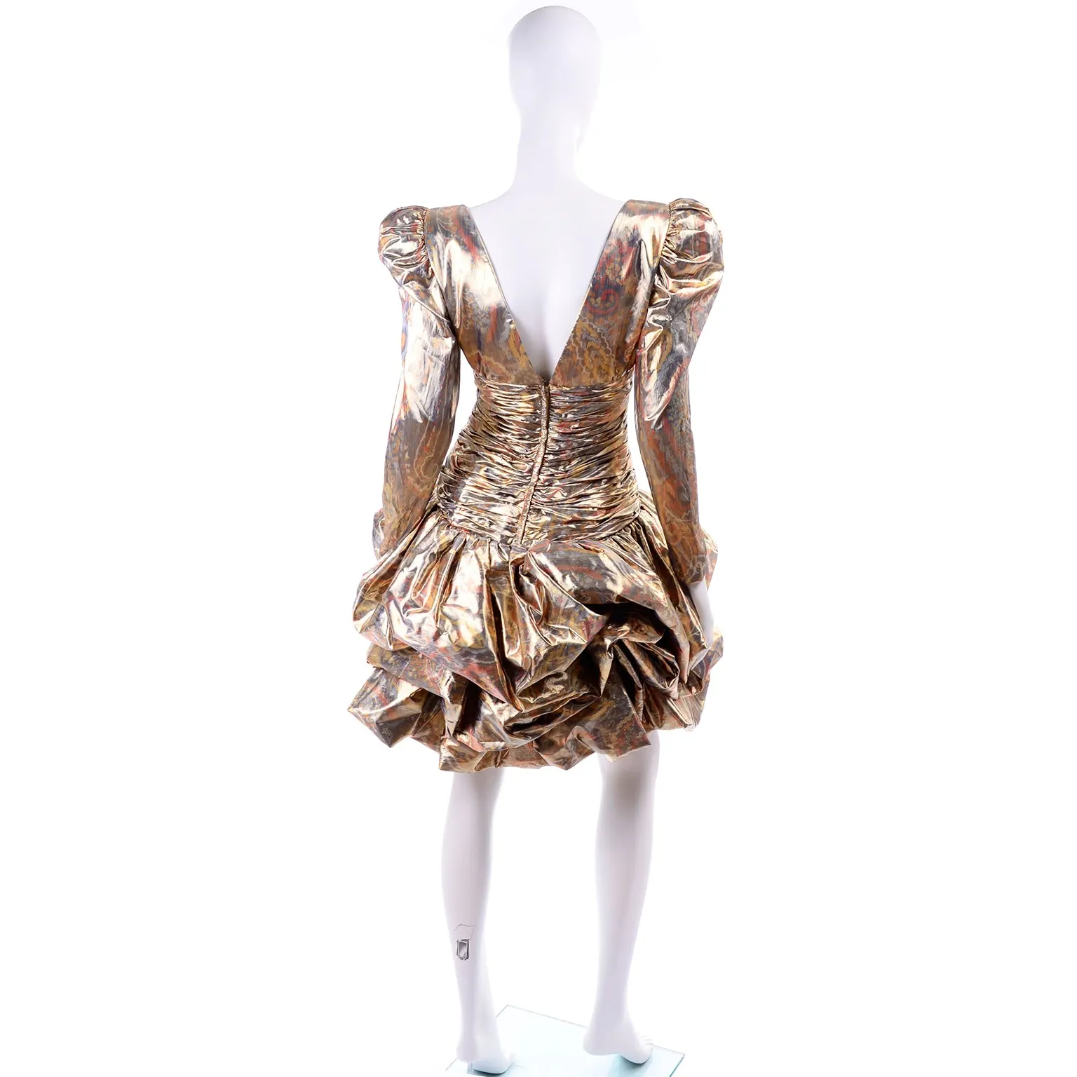 1980s Metallic Gold Silver & Copper Lame Vintage Pouf Dress
