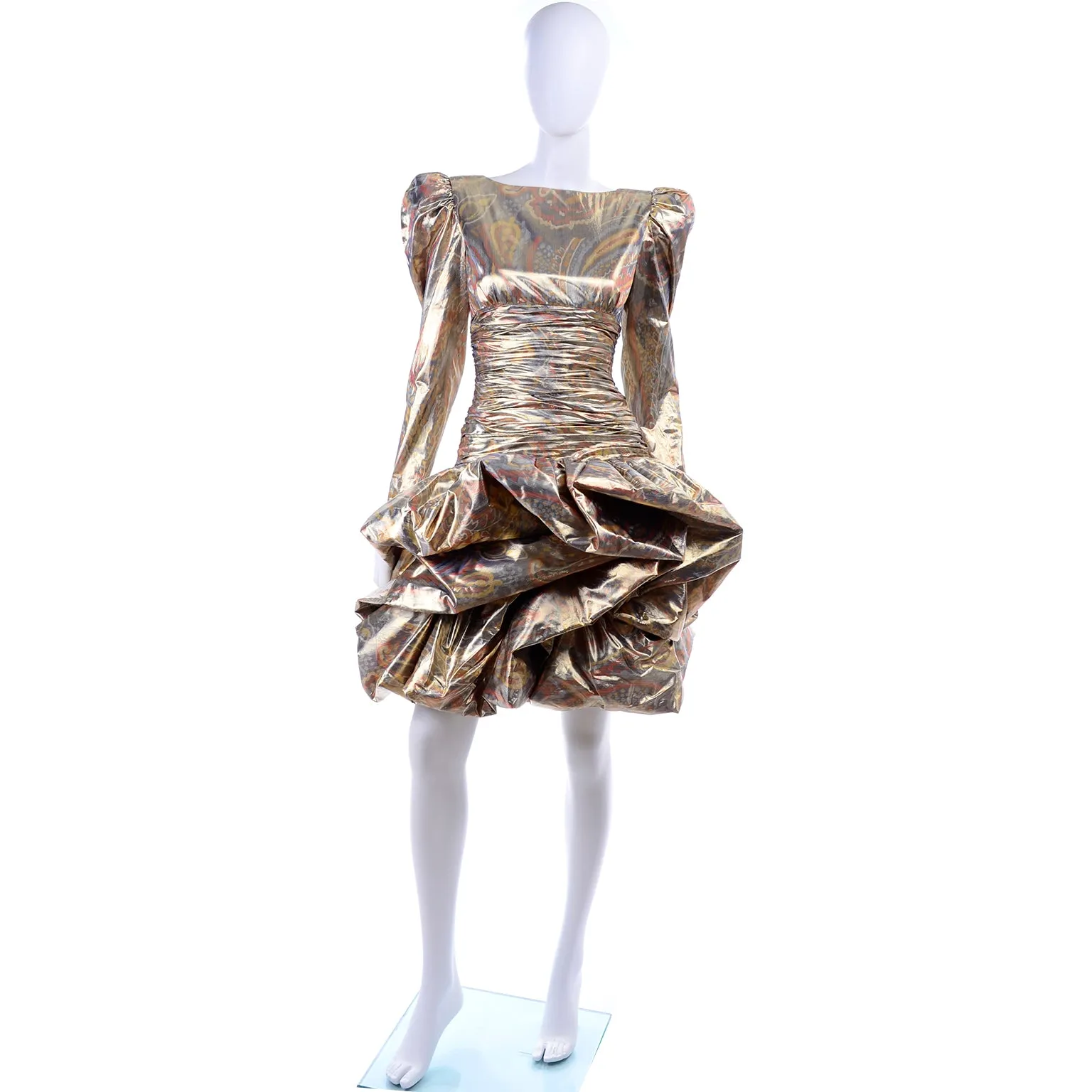 1980s Metallic Gold Silver & Copper Lame Vintage Pouf Dress