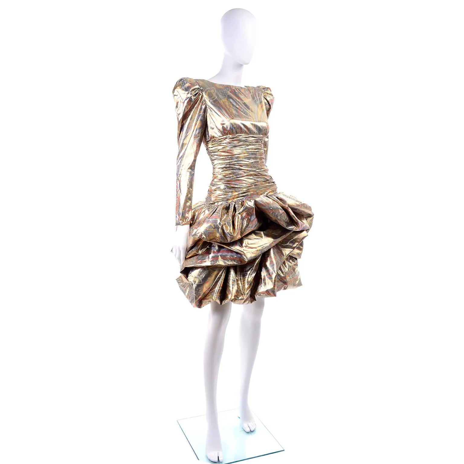 1980s Metallic Gold Silver & Copper Lame Vintage Pouf Dress