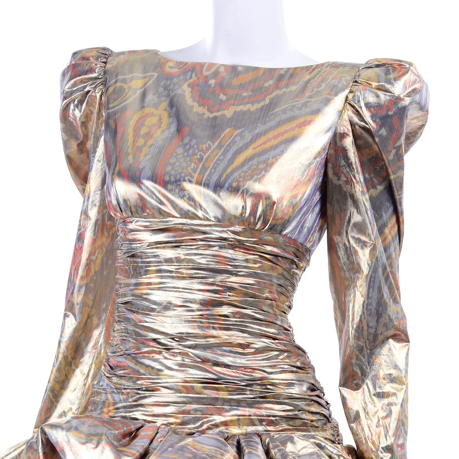 1980s Metallic Gold Silver & Copper Lame Vintage Pouf Dress