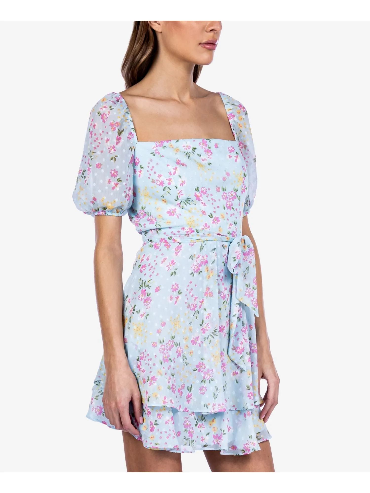 B DARLIN Womens Light Blue Zippered Lined Self-tie Belt Tiered Skirt Floral Pouf Sleeve Square Neck Short Party Fit   Flare Dress