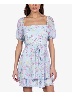 B DARLIN Womens Light Blue Zippered Lined Self-tie Belt Tiered Skirt Floral Pouf Sleeve Square Neck Short Party Fit   Flare Dress