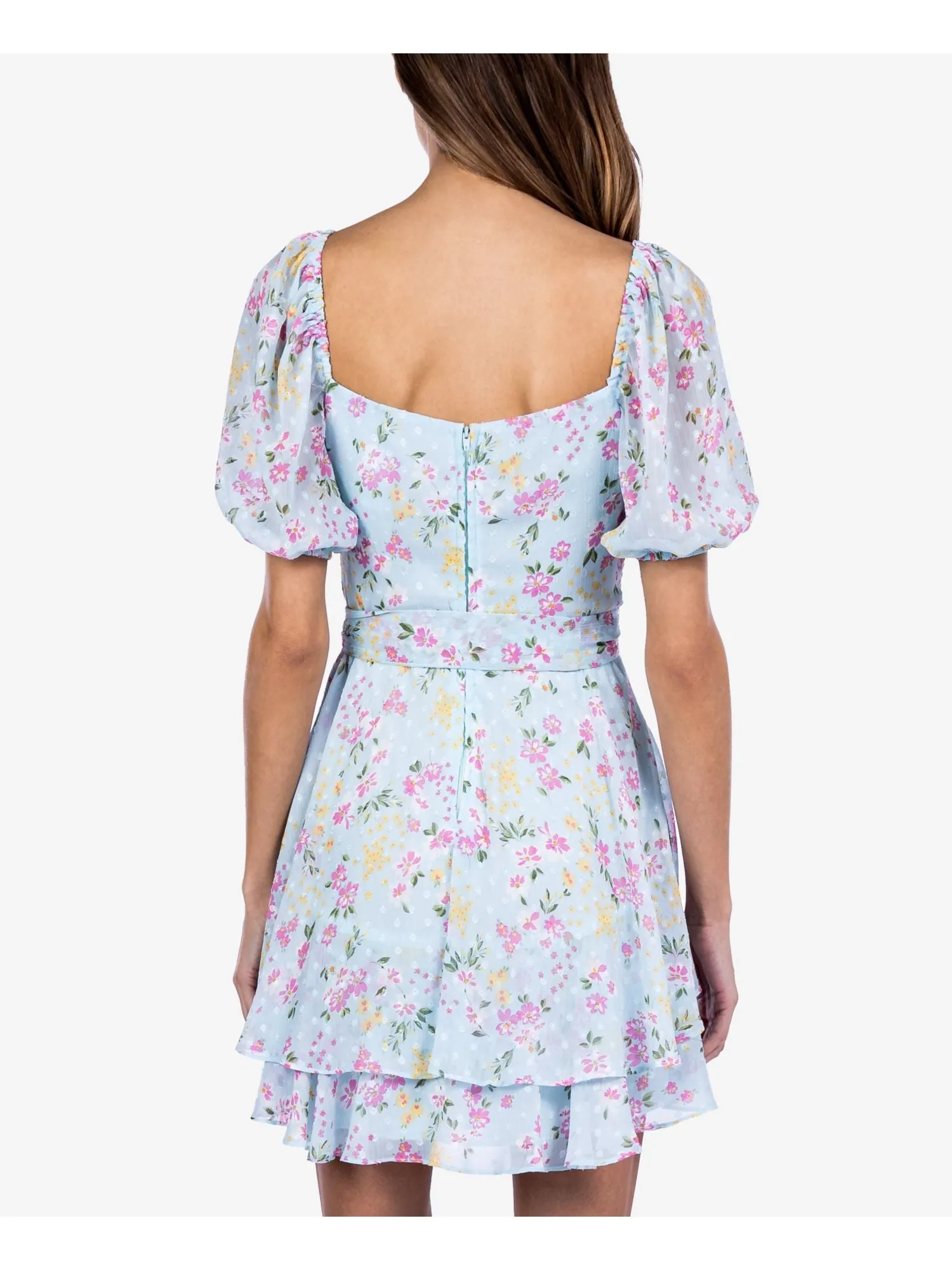 B DARLIN Womens Light Blue Zippered Lined Self-tie Belt Tiered Skirt Floral Pouf Sleeve Square Neck Short Party Fit   Flare Dress