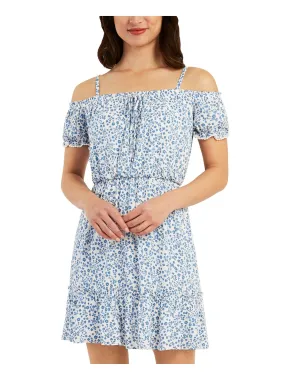 BCX DRESS Womens White Ruffled Adjustable Lined Tie Crochet Trim Pullover Floral Pouf Sleeve Off Shoulder Above The Knee A-Line Dress