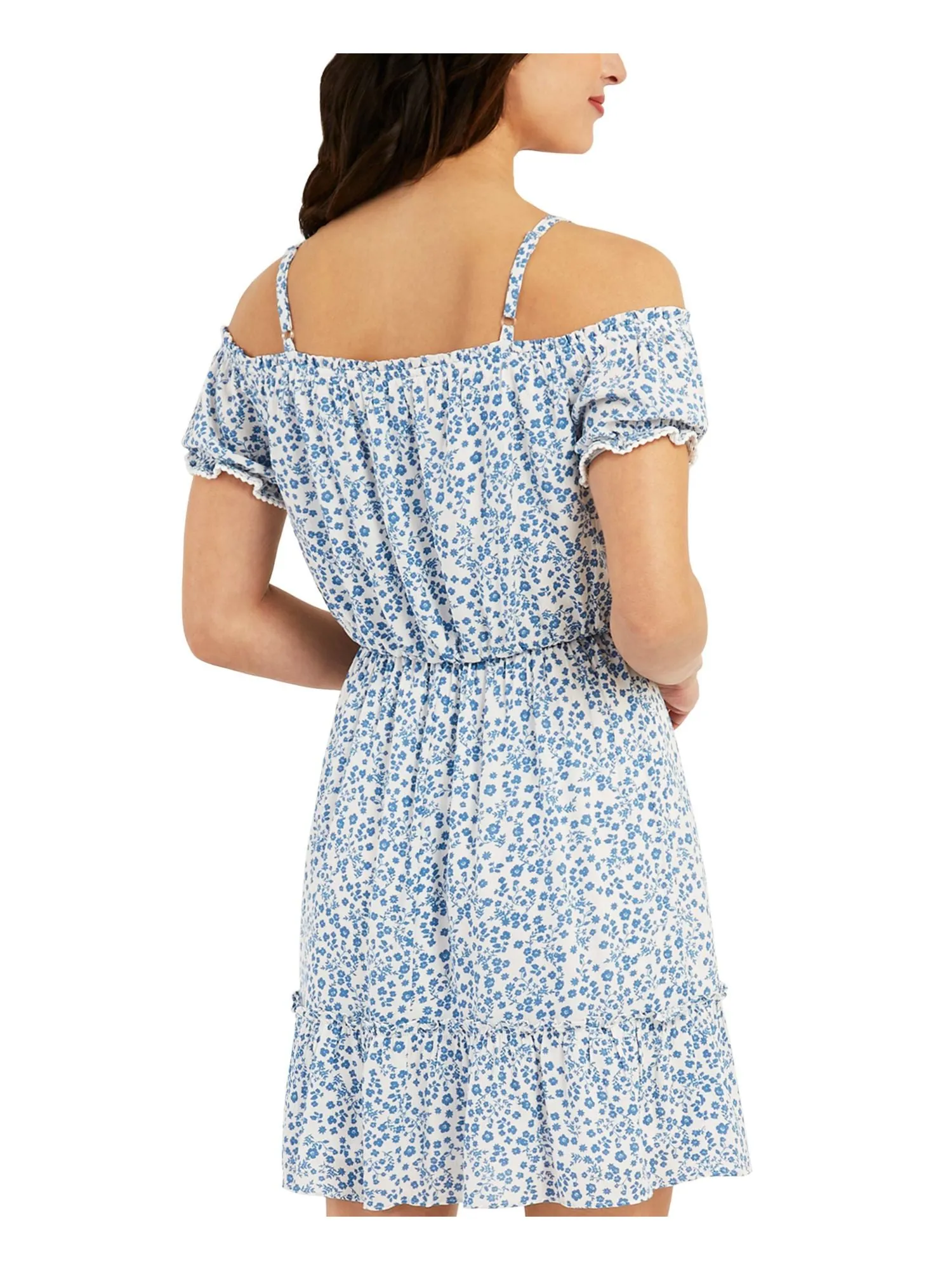 BCX DRESS Womens White Ruffled Adjustable Lined Tie Crochet Trim Pullover Floral Pouf Sleeve Off Shoulder Above The Knee A-Line Dress