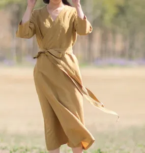 Linen Women Dresses Seven Sleeves V Neck Waist Belt Midi Dresses XH9527