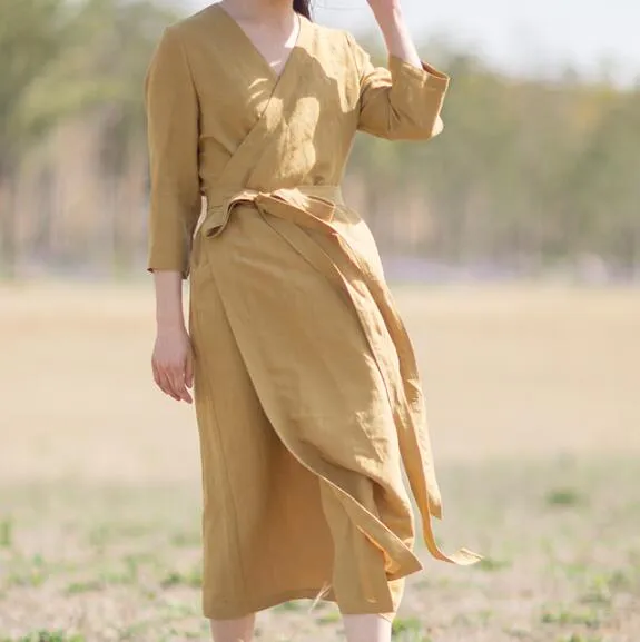 Linen Women Dresses Seven Sleeves V Neck Waist Belt Midi Dresses XH9527
