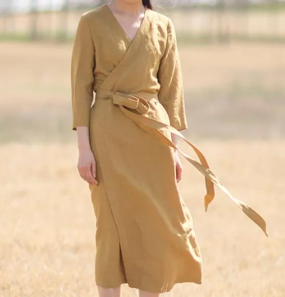 Linen Women Dresses Seven Sleeves V Neck Waist Belt Midi Dresses XH9527