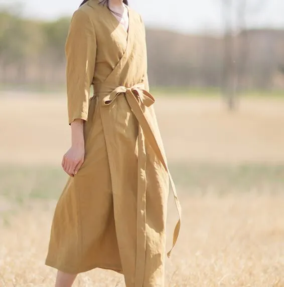Linen Women Dresses Seven Sleeves V Neck Waist Belt Midi Dresses XH9527