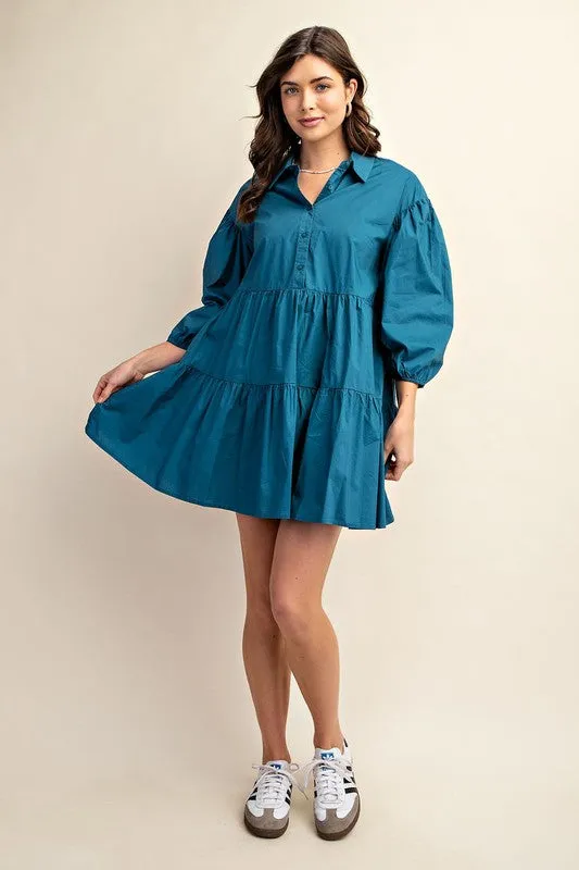 Teal Button Down Tiered Shirt Dress