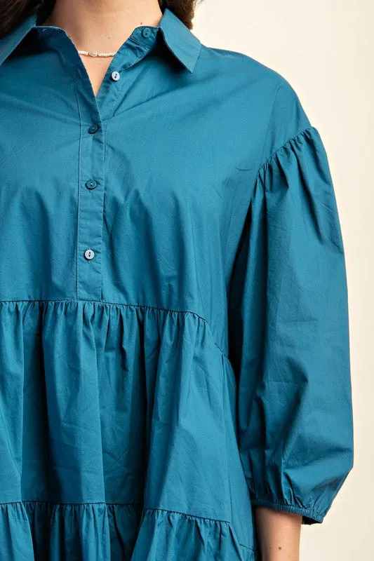 Teal Button Down Tiered Shirt Dress