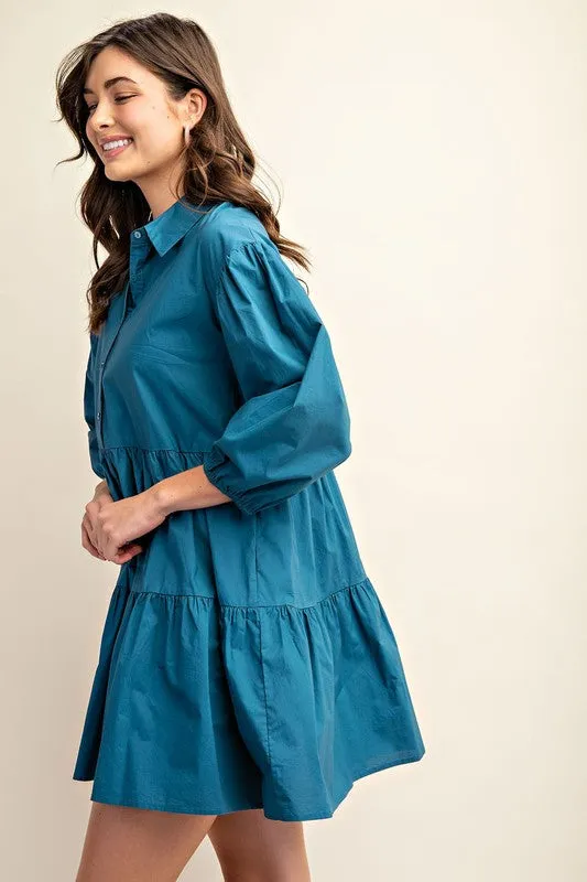 Teal Button Down Tiered Shirt Dress