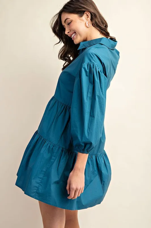Teal Button Down Tiered Shirt Dress