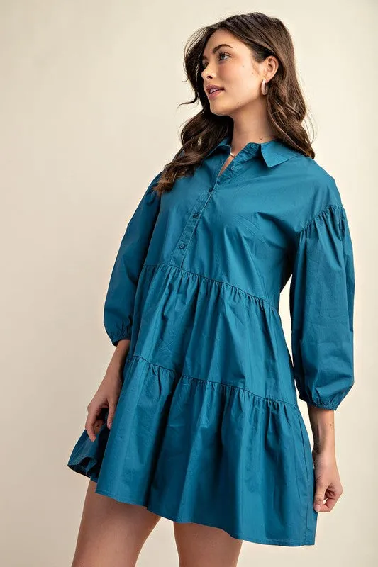 Teal Button Down Tiered Shirt Dress
