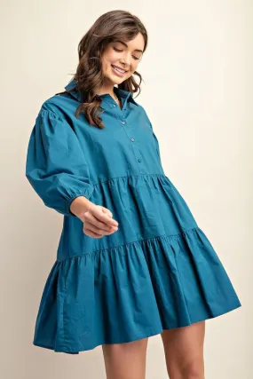 Teal Button Down Tiered Shirt Dress