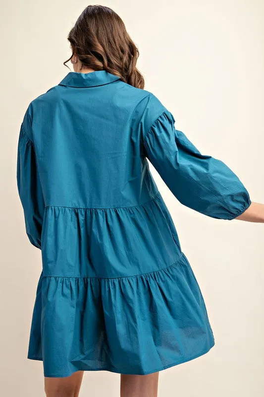 Teal Button Down Tiered Shirt Dress