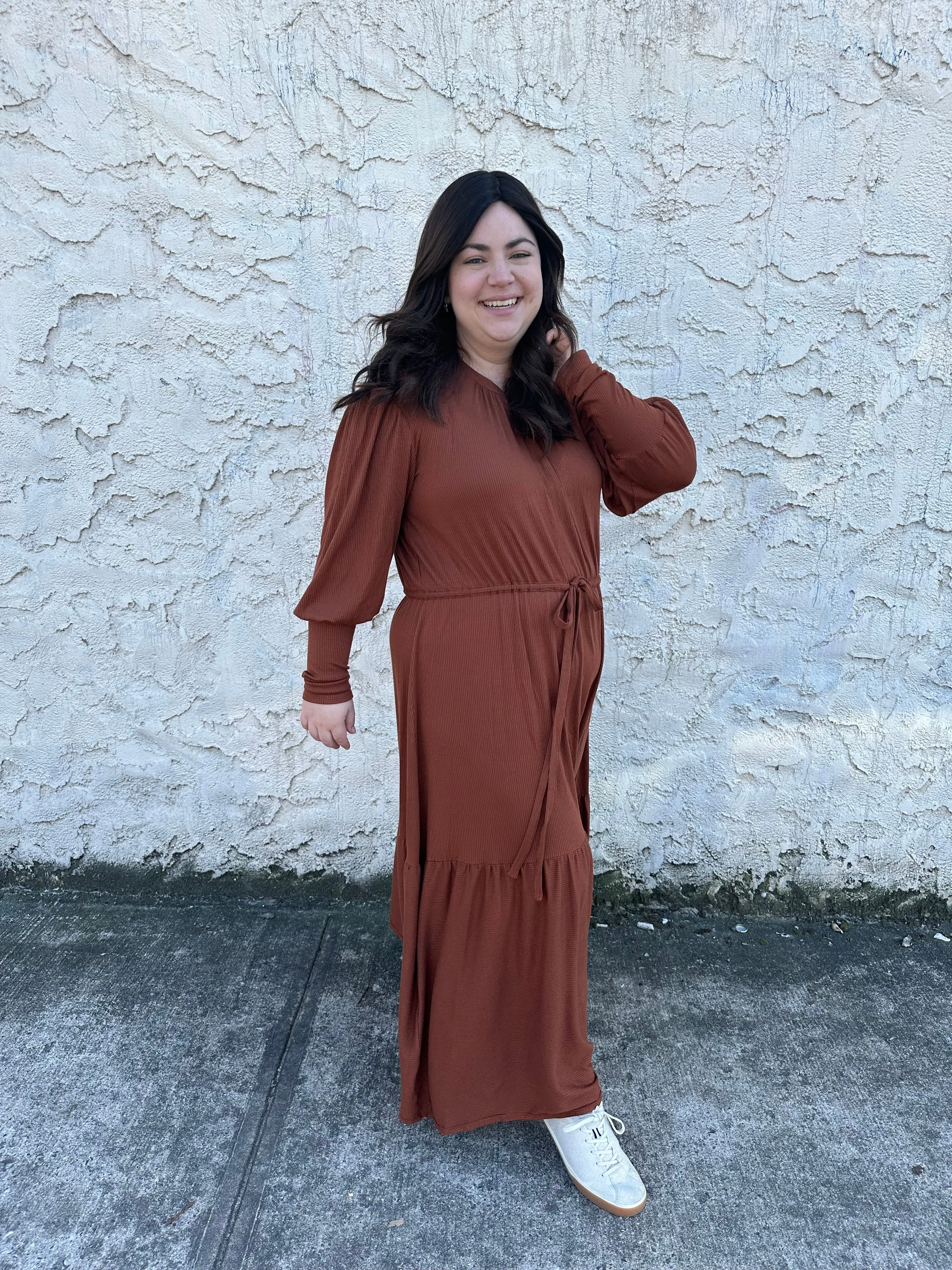 The Ribbed Maxi Drawstring Dress (Caramel)